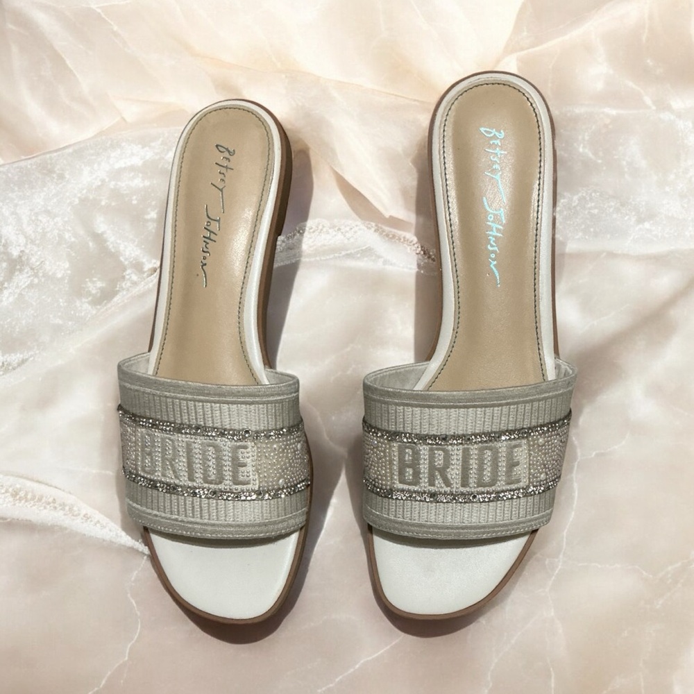 Betsey Johnson White and Silver "Bride" Slide Sandals